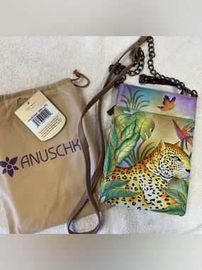 Anuschka Hand-Painted Leather Crossbody - Green, Yellow, Purple, Brown 🐆